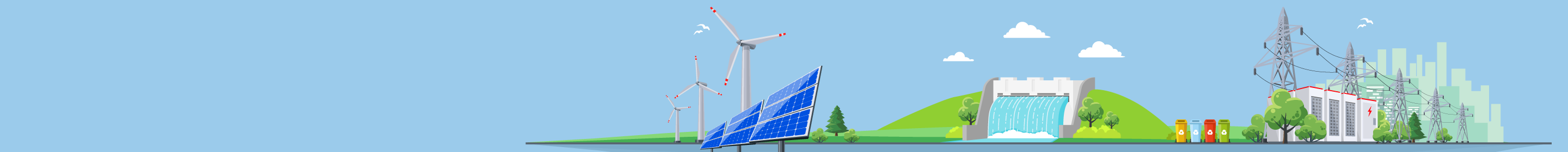 Drawing showing windfarm, power lines, water ways and and city to represent gas, power, water and waste industries.