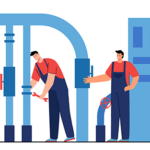 People working on water pipes in a water treatment facility