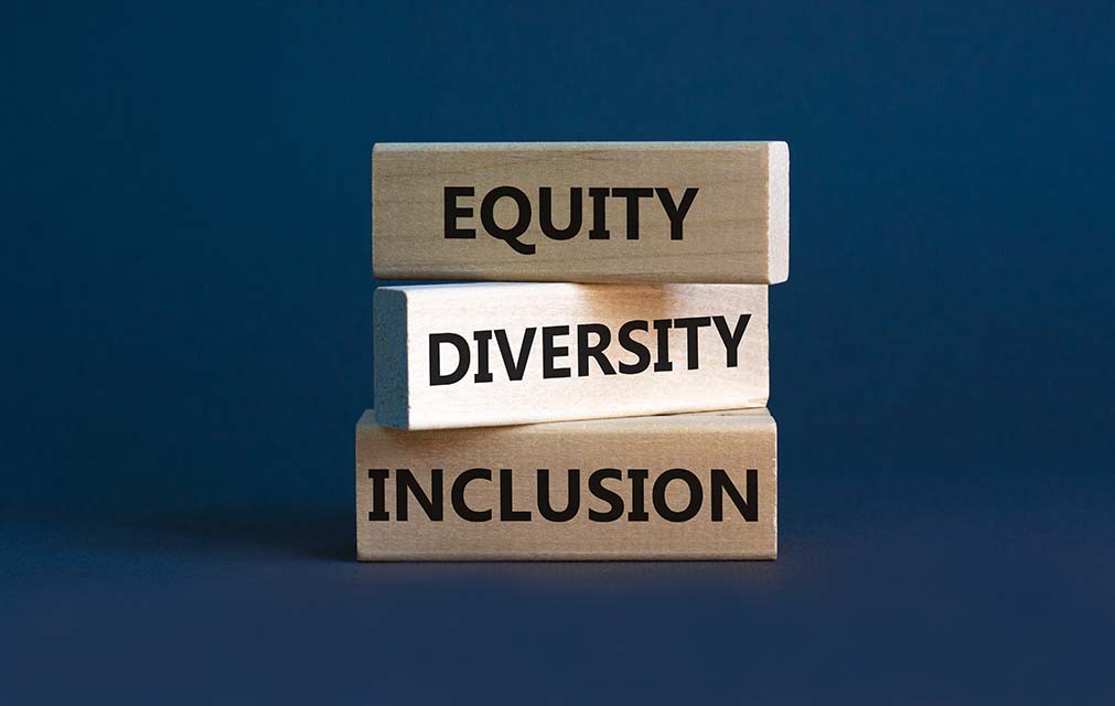 Diversity equity inclusion symbol. Concept words 'Diversity equity inclusion' on wooden blocks on beautiful grey background. Diversity, business, inclusion and equity concept.